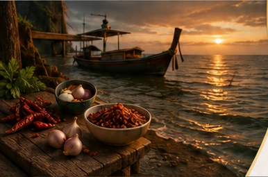Thai crispy chili ingredients inspired by boat noodle markets and aromatic pantry traditions
